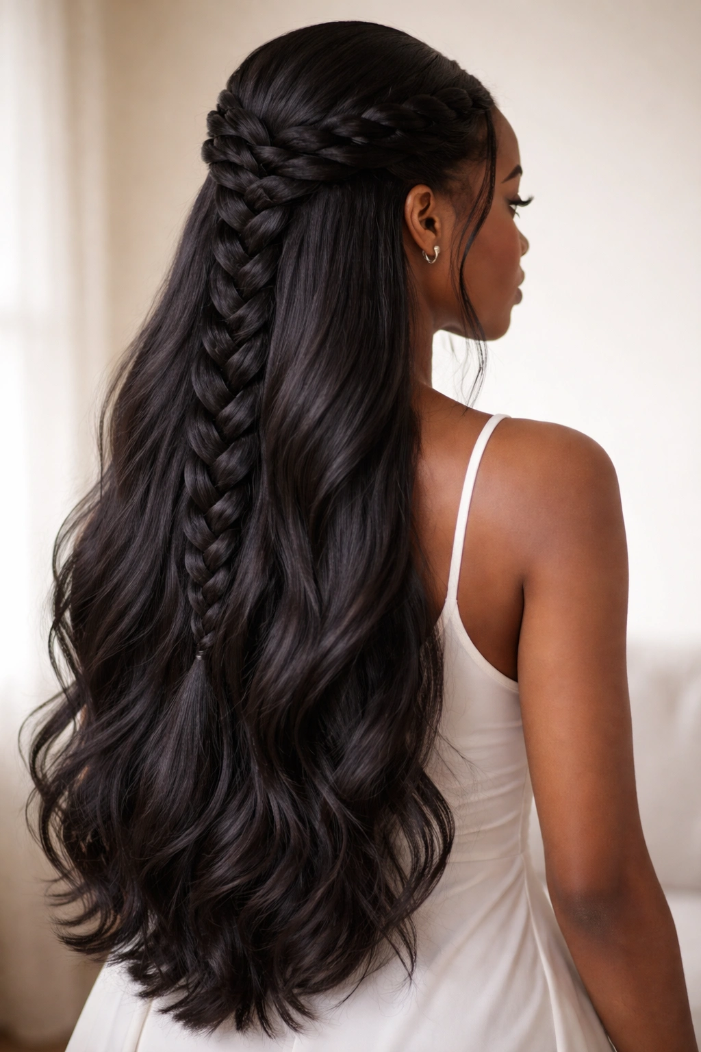 Long waist-length French braid with long loose hair