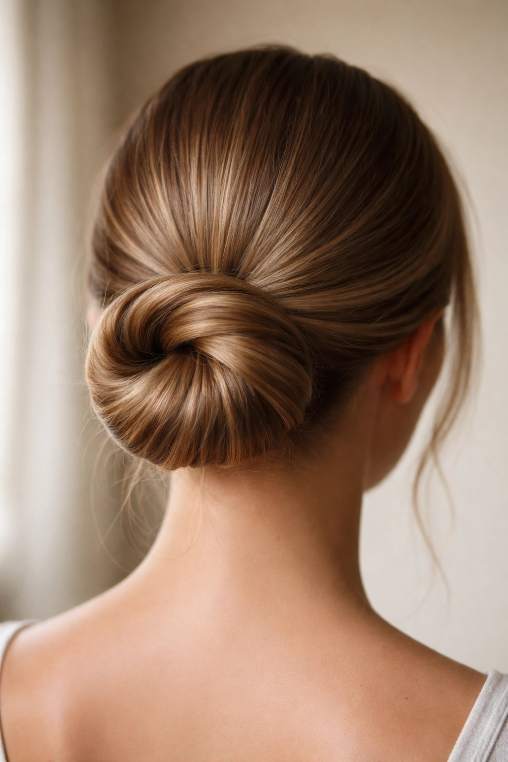 Back view of a looped low bun with the tail wrapped around the base