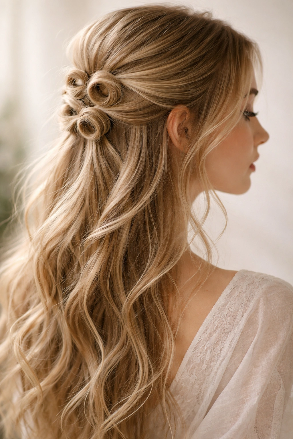 Close-up of ethereal loop knot half up hairstyle with stacked loops catching light.