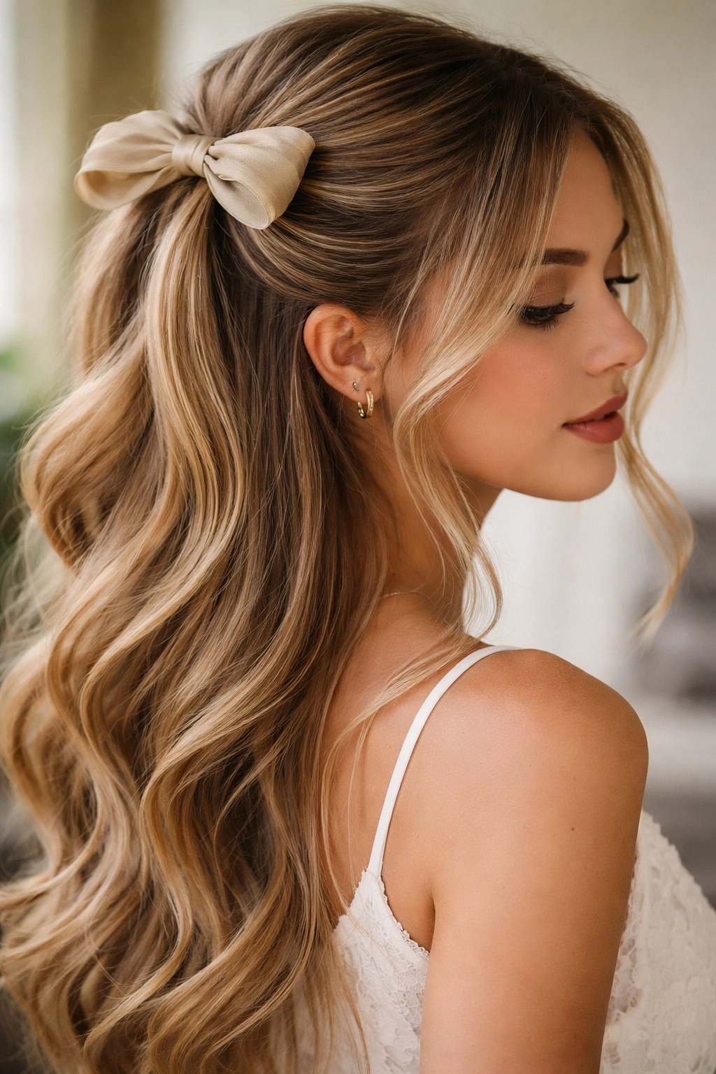 Looped bow half-up hairstyle with face-framing pieces