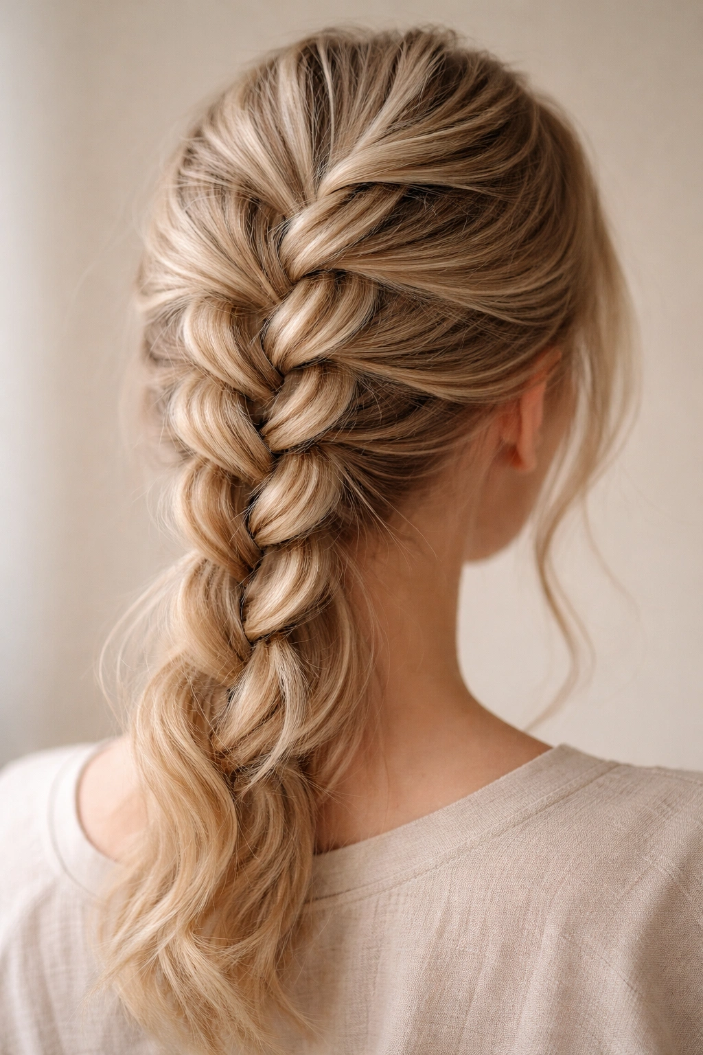 Close-up of a looped French braid on fine hair with visible loops and pancake texture