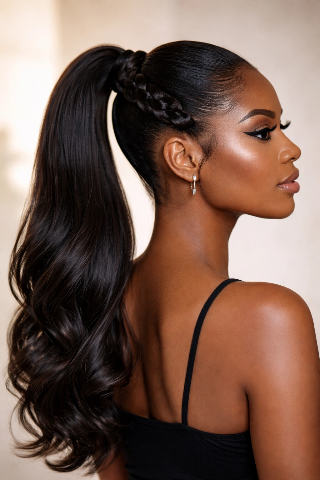 Sleek ponytail with a looped braided detail through the base