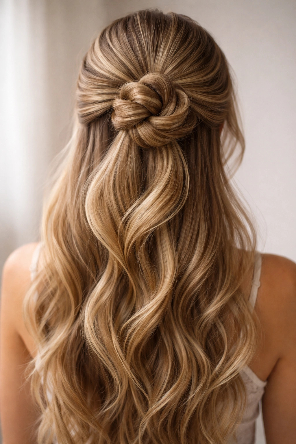 Close-up of a looped half-up bun with multiple loops around the bun