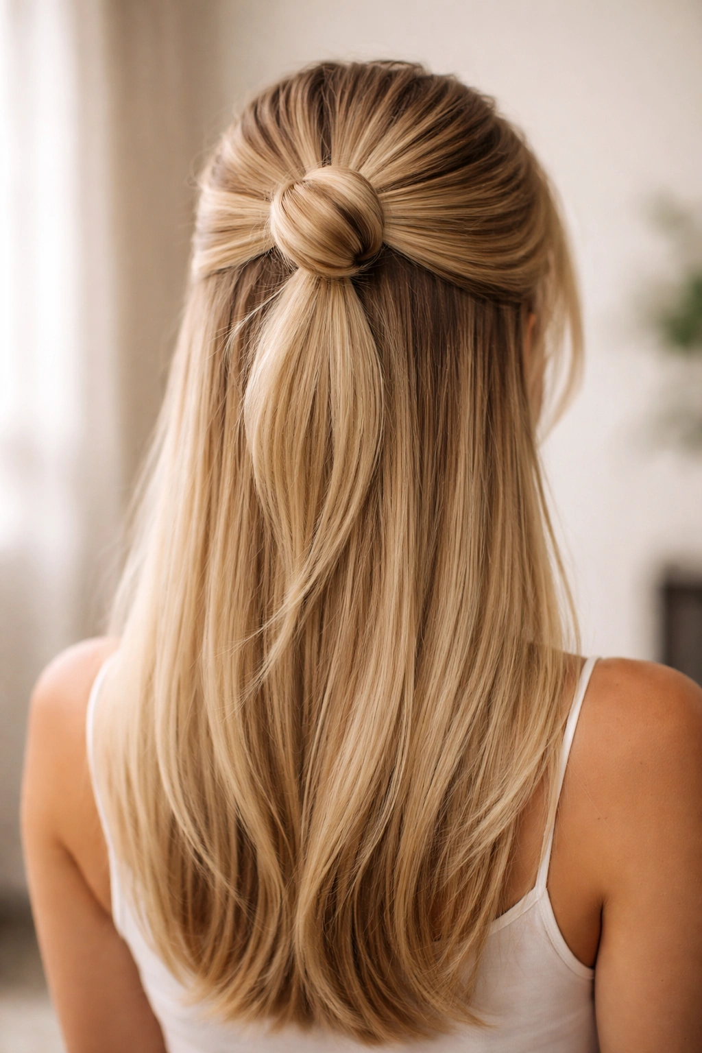 Looped half up bun hairstyle with crown loop and loose bottom hair on straight hair