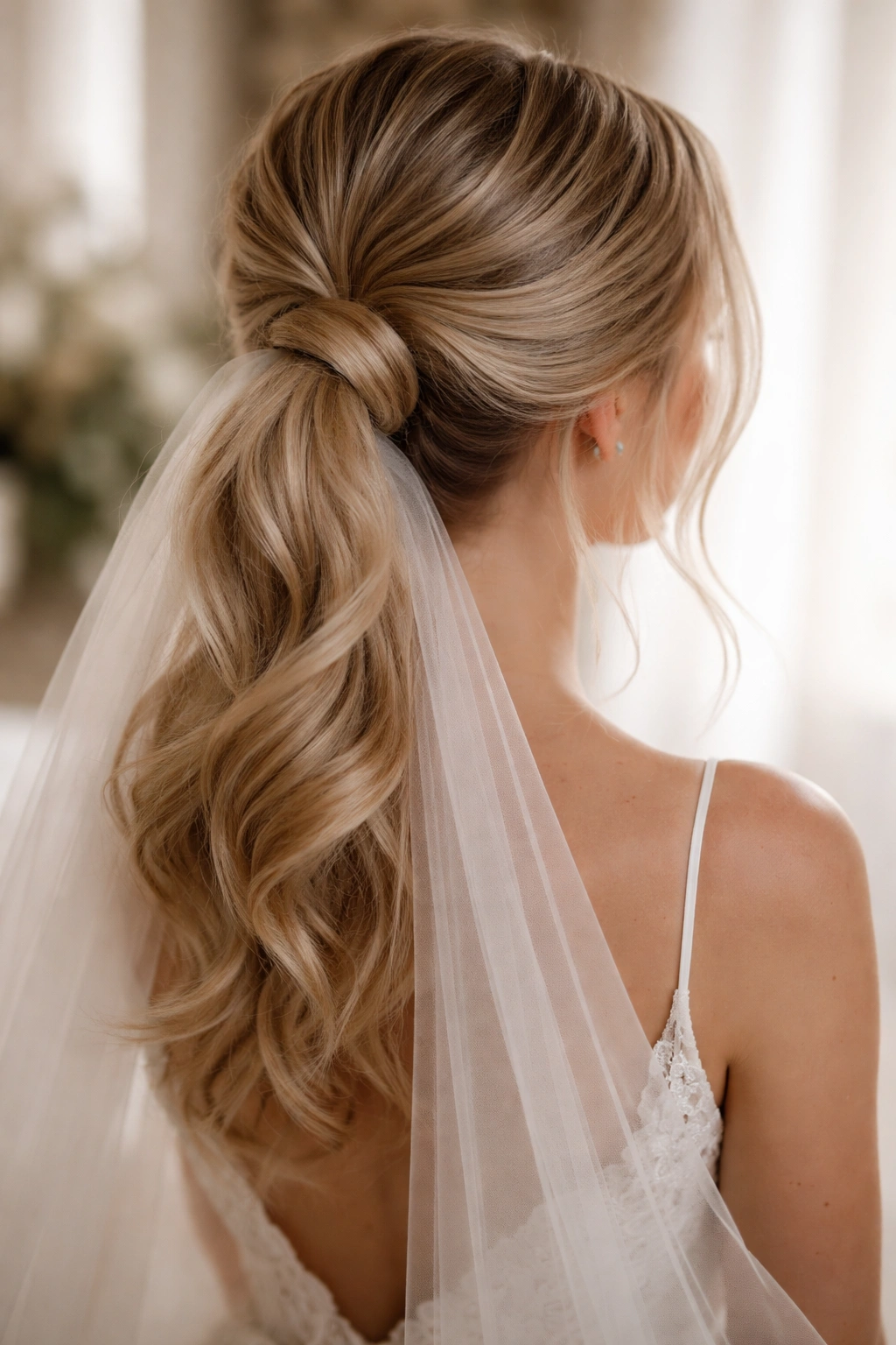 Low ponytail with soft loops creating a romantic silhouette