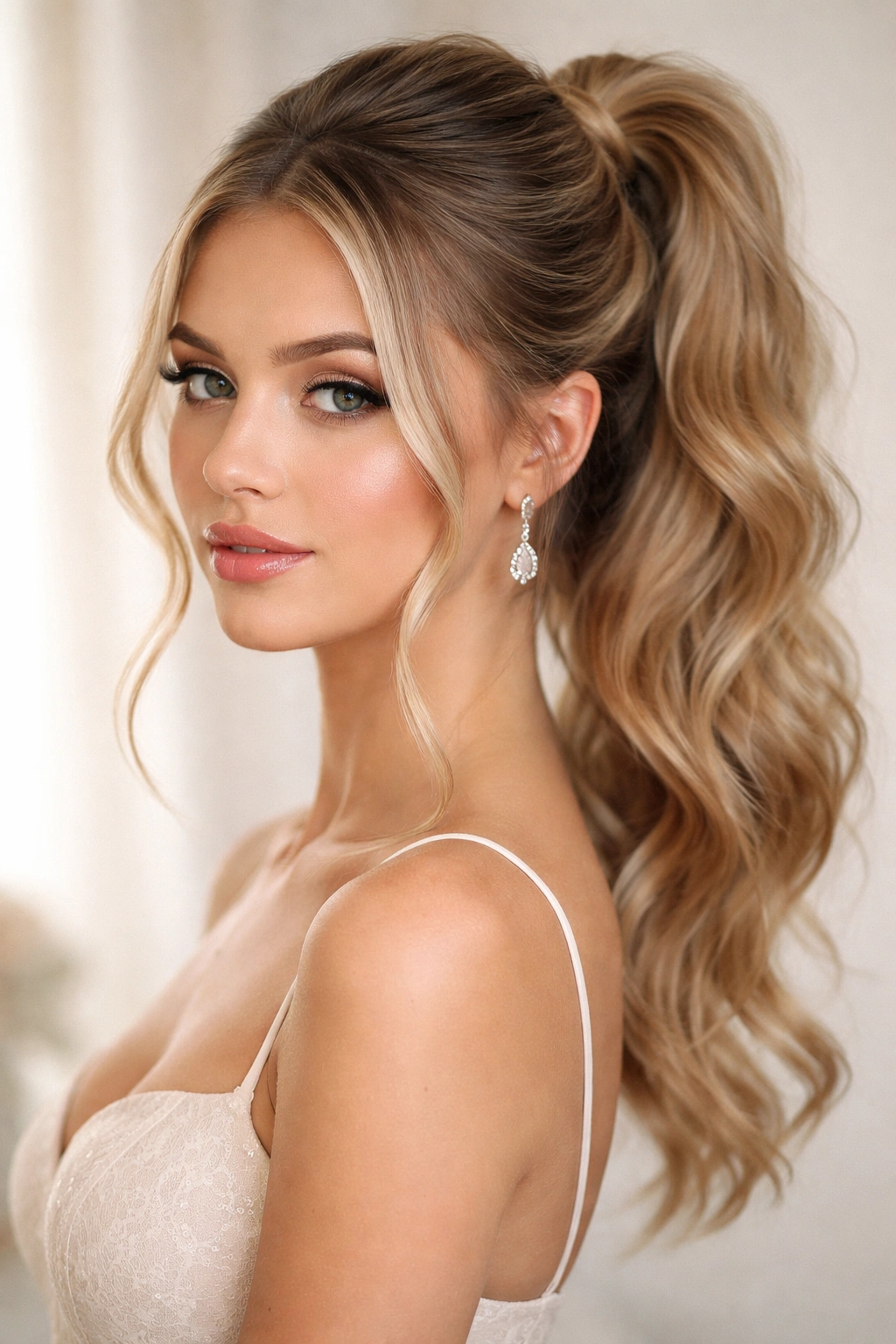 Looped ponytail with face-framing pieces creating dimension