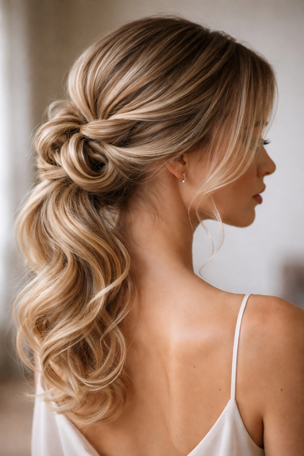 Side view of looped updo with multiple loops pinned along the back of the head