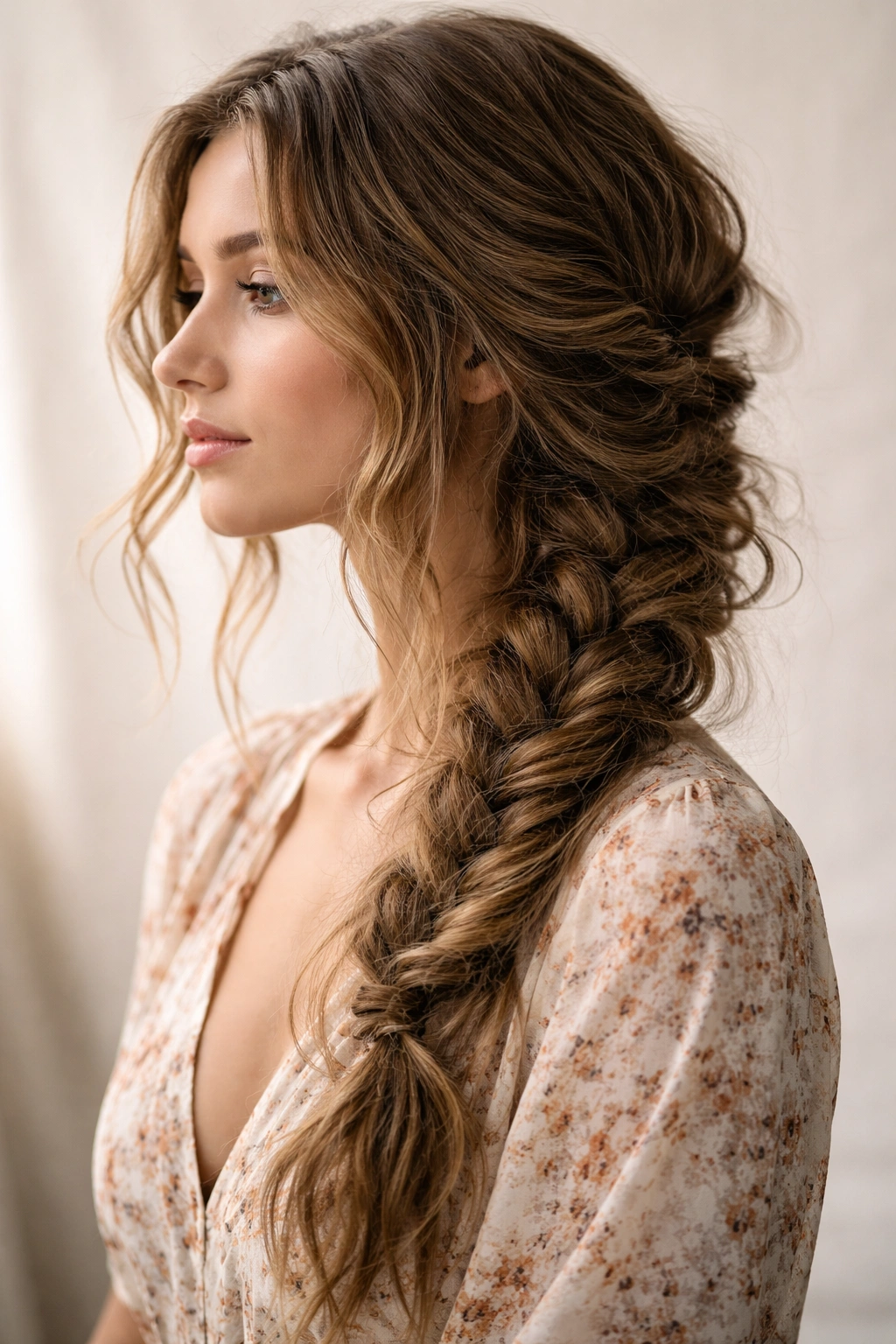 Side view of a loose bohemian braid with escaping pieces on wavy hair