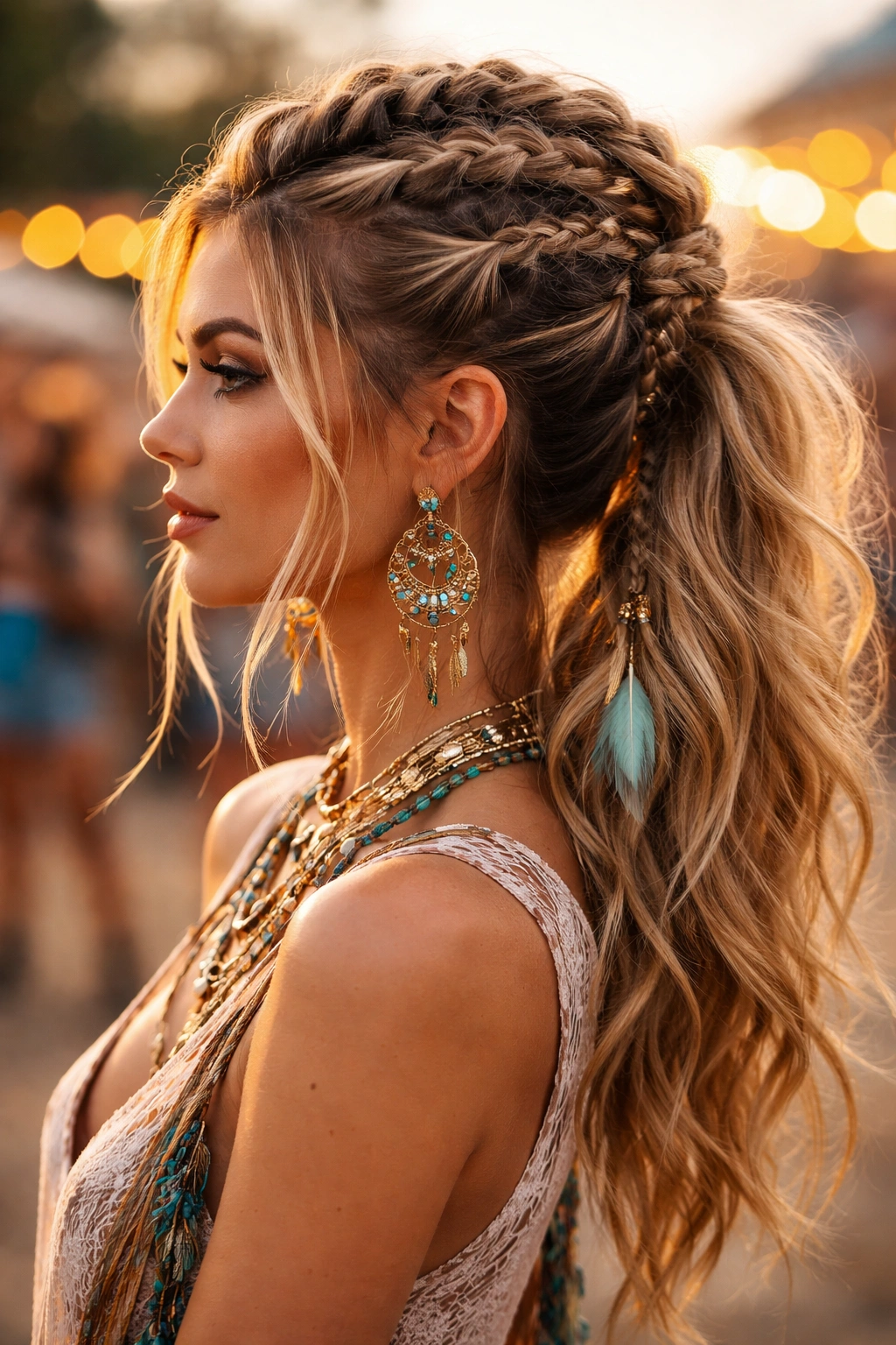 Loose bohemian braided mohawk with a low ponytail and relaxed texture
