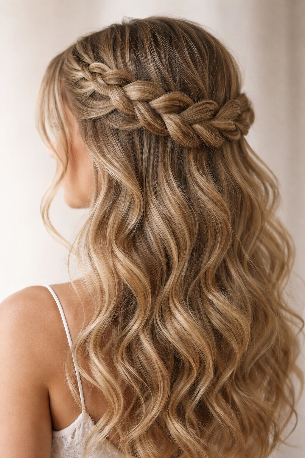 Loose chunky braid forming a crown over wavy hair