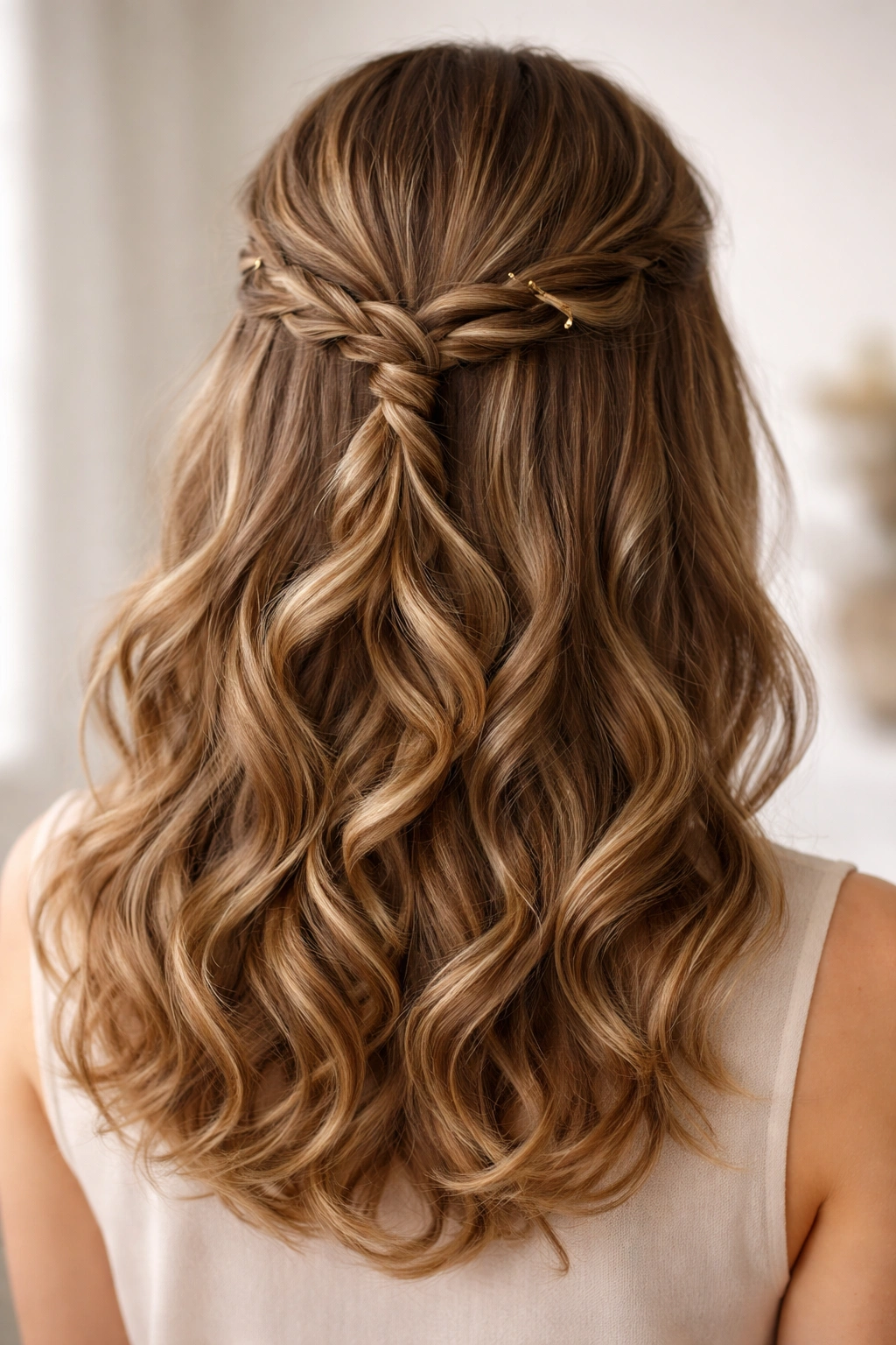 Loose half-up braid with curled ends blending into wavy hair