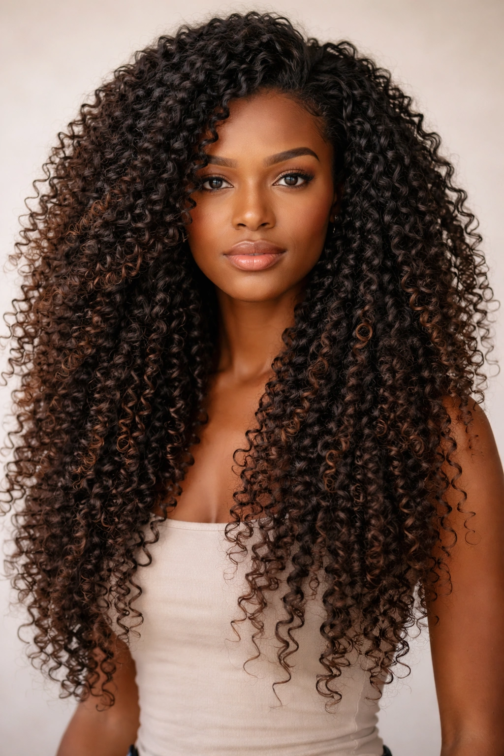 Close-up of long natural hair with loose coils and layered texture