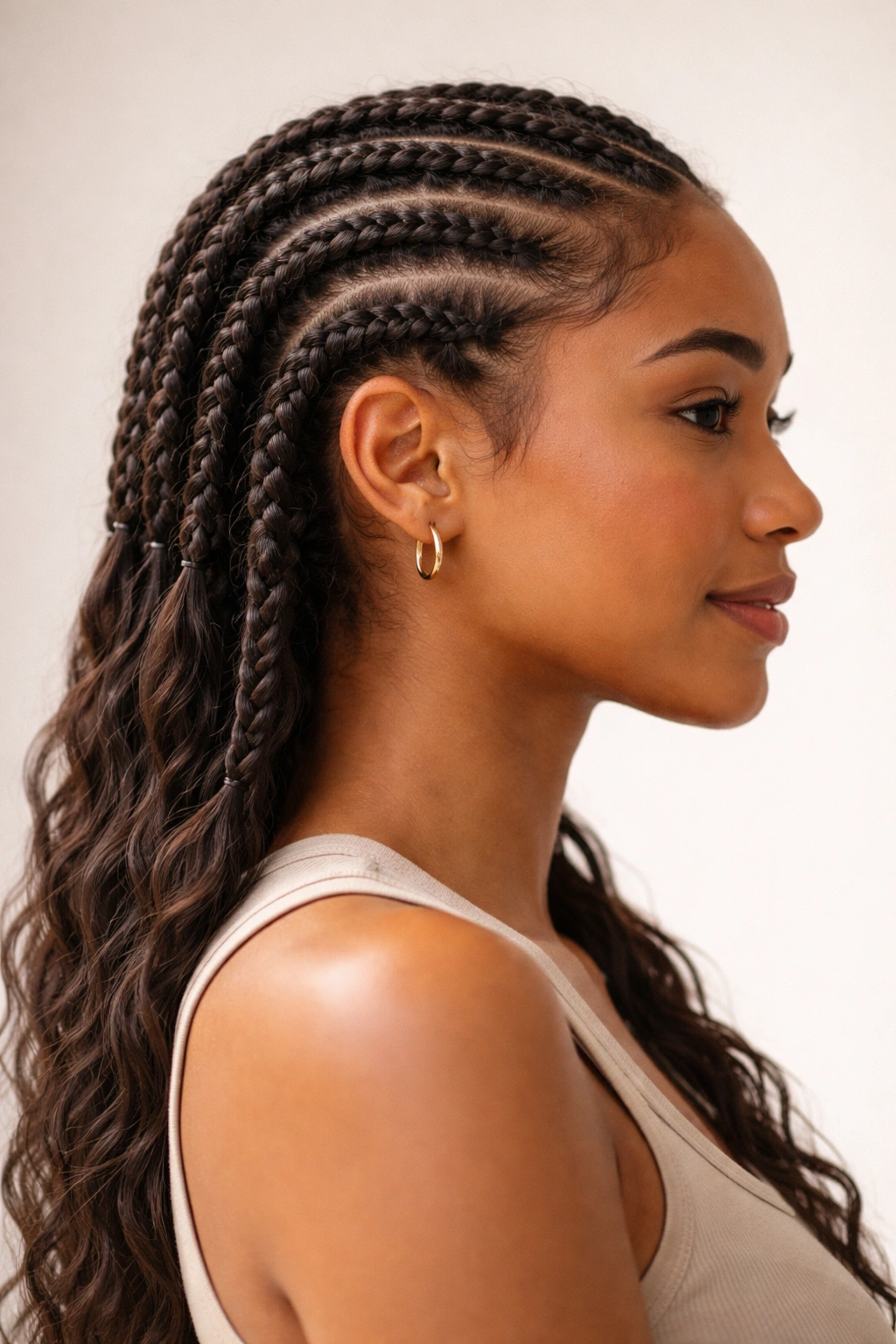 Side-profile of loose cornrows showing relaxed tension and comfortable fit