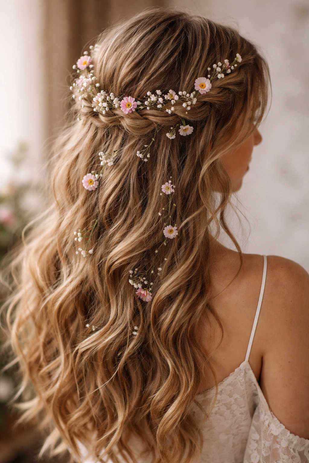 Loose crown braid with scattered small flowers through crown and half-down hair