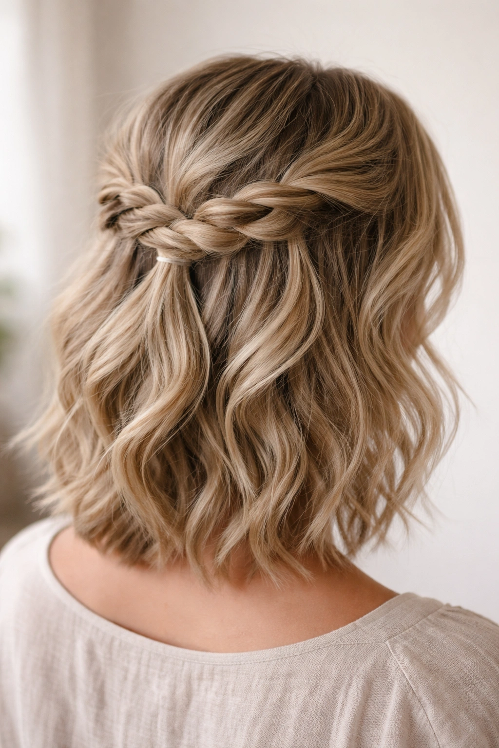 Close-up of a loose three-strand crown braid with soft texture on short hair