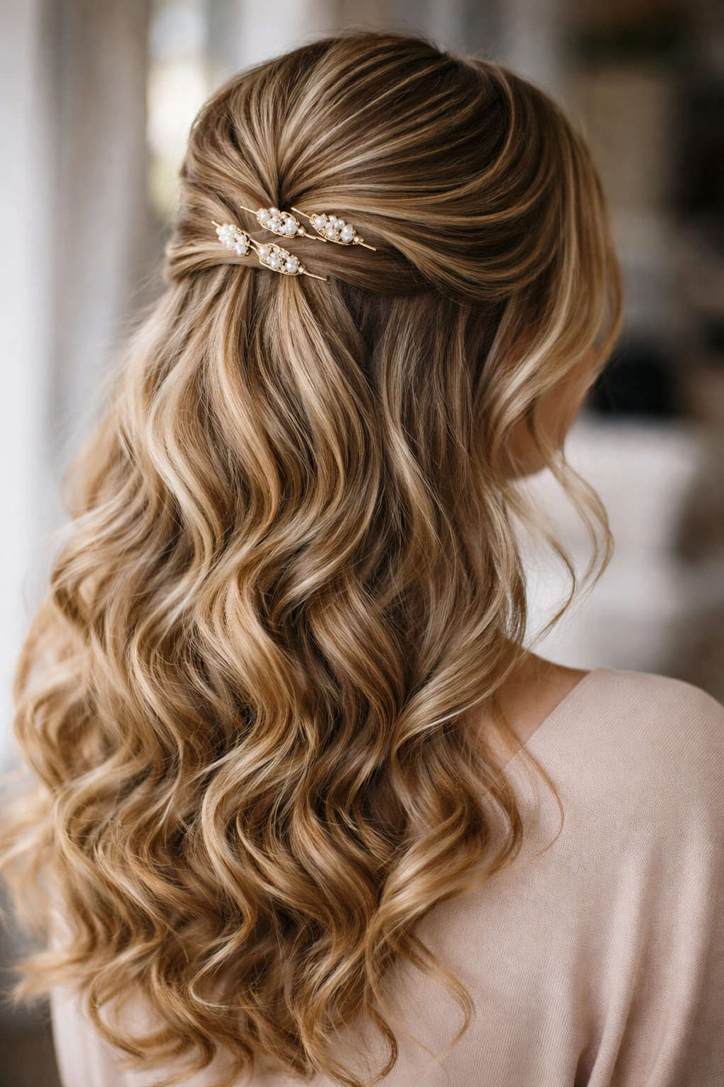 Soft loose curls with a defined half-up section secured by visible pins