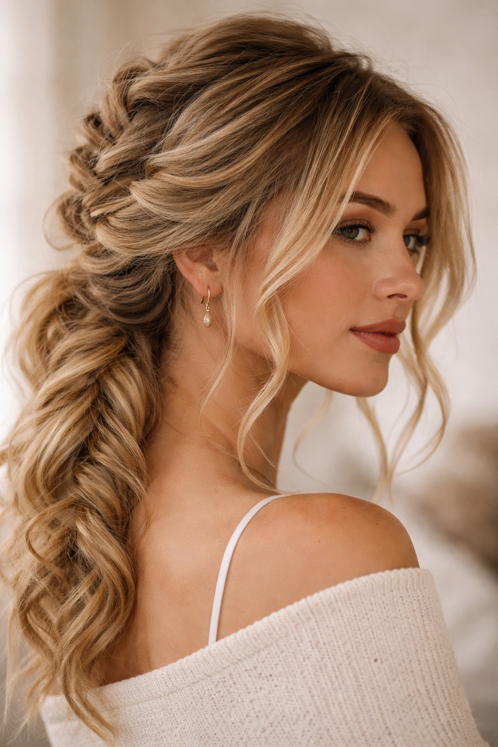 Close-up of The Loose Fishtail Updo with a relaxed braid and face-framing waves