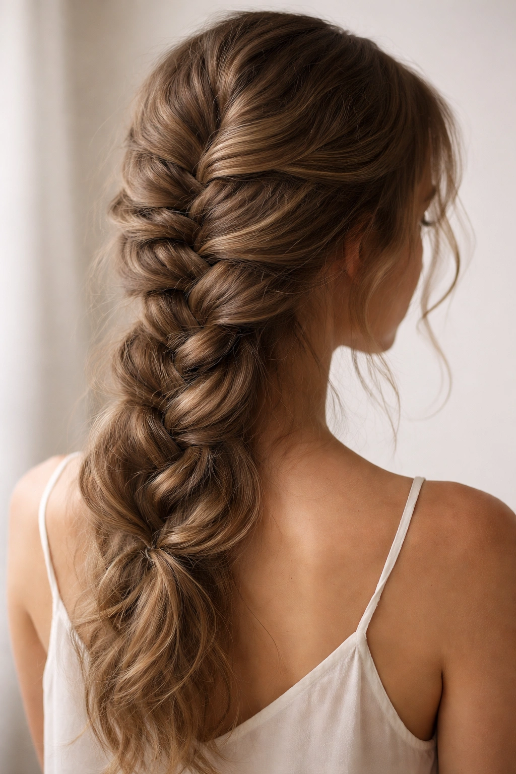 Loose, undone French braid with undone texture on second-day hair.