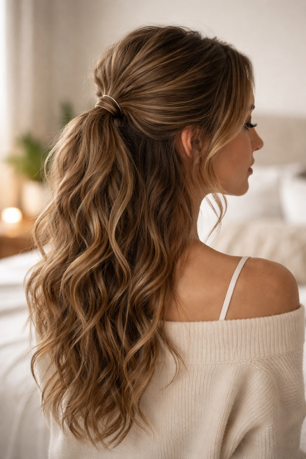 Casual loose gathering half-up ponytail with relaxed waves