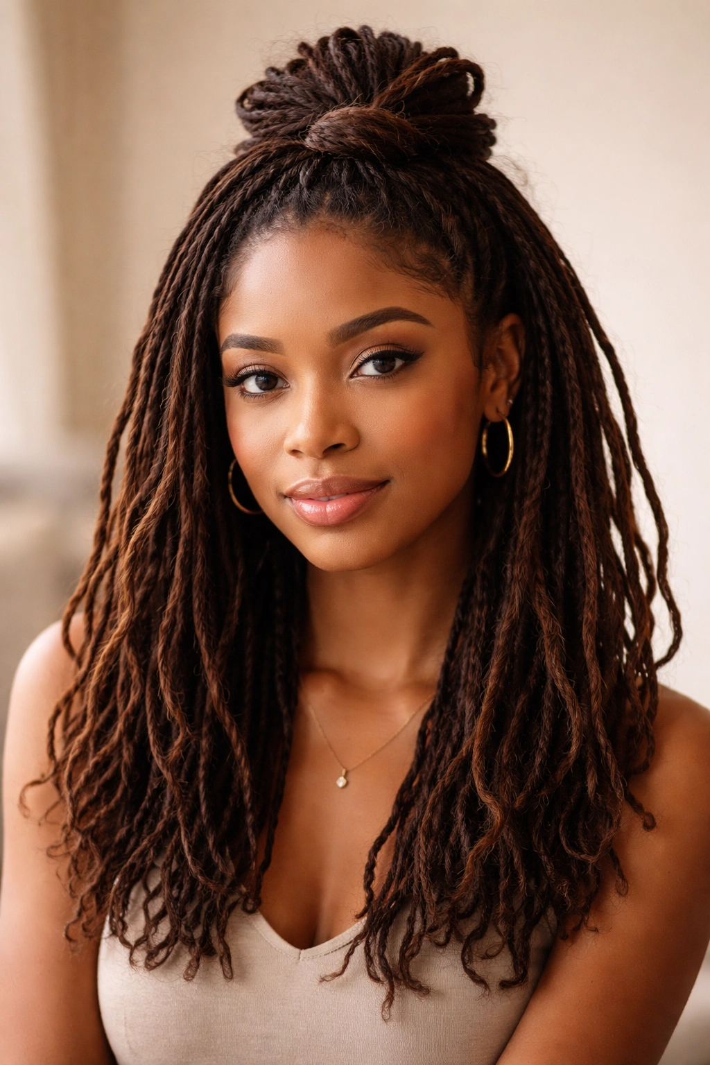 Close-up of loose knot half-up hairstyle on medium locs