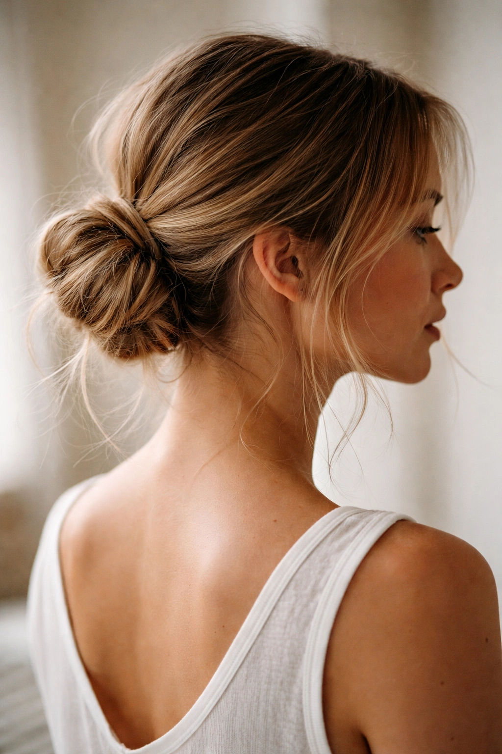 Loose low bun with wispy flyaways for undone chic look