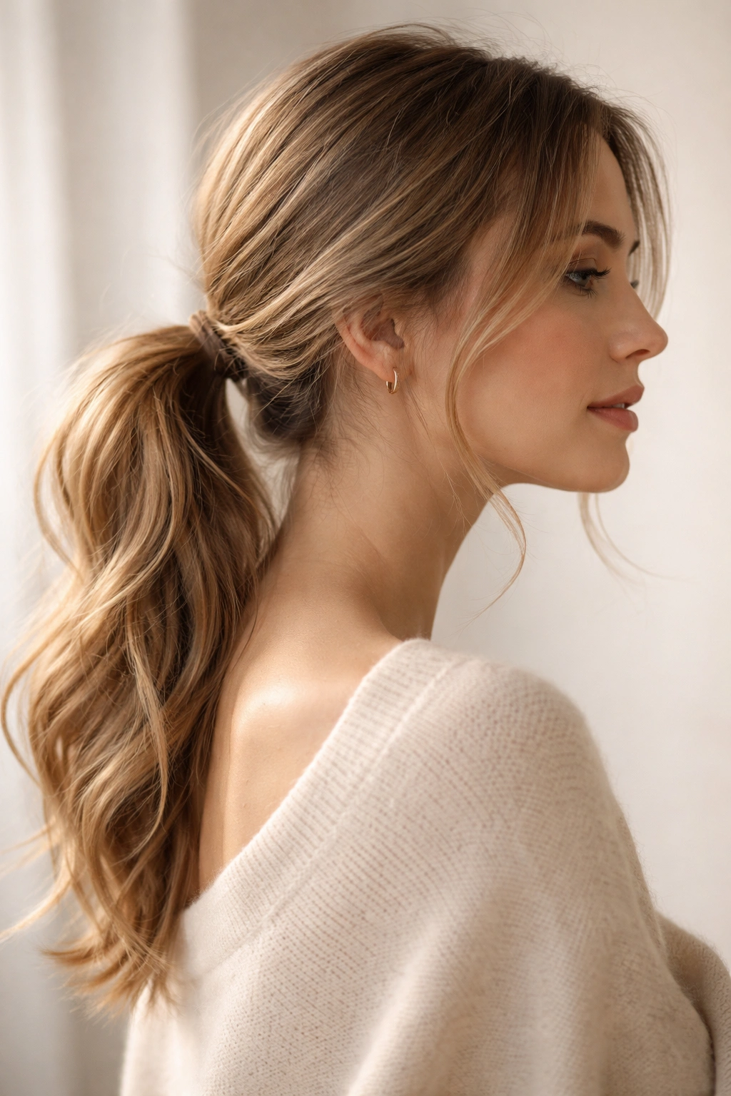 Close-up of a loose low ponytail with face-framing strands in a relaxed studio setting