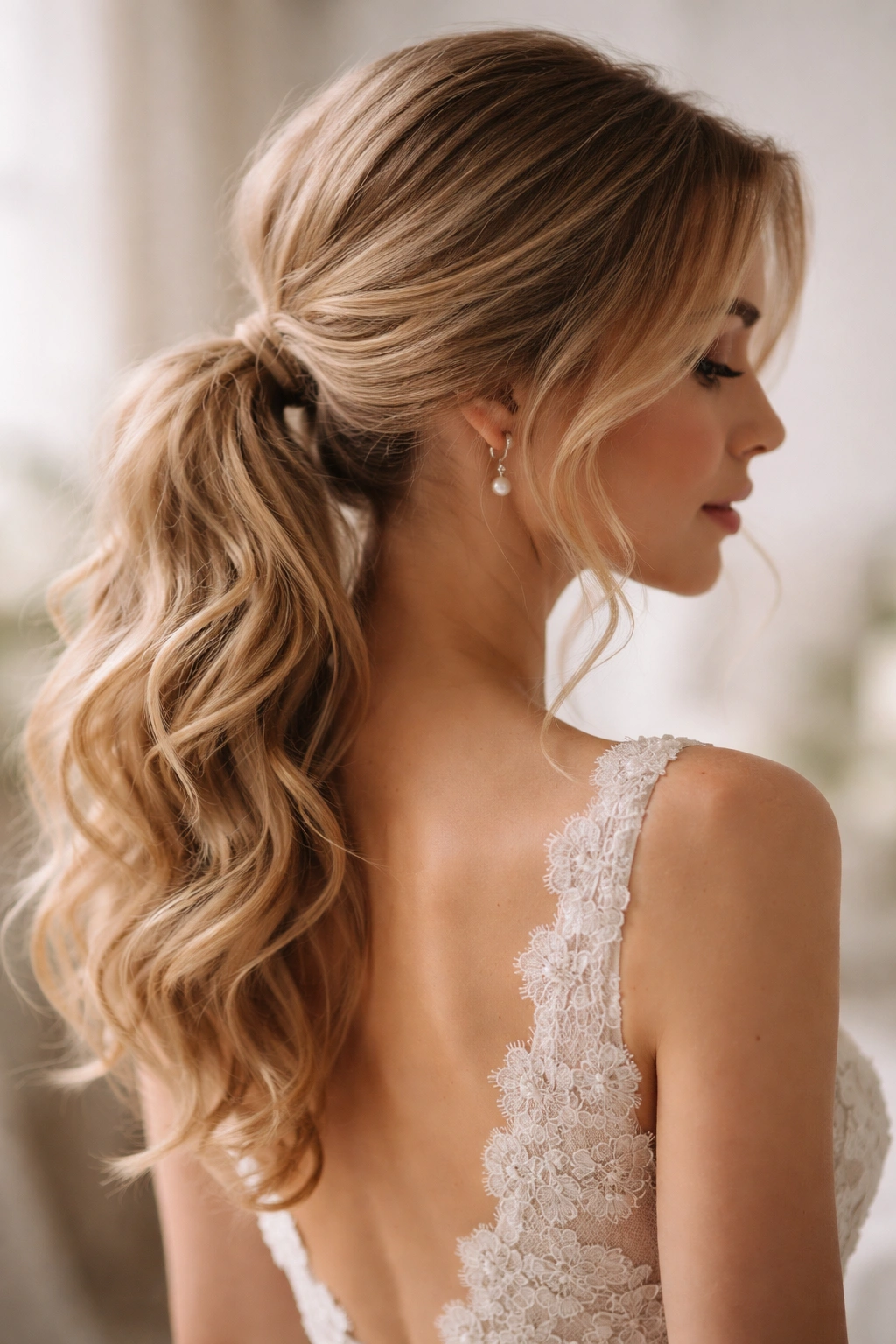 Close-up of a loose ponytail hairstyle with textured waves and face-framing wisps, bridal-inspired look
