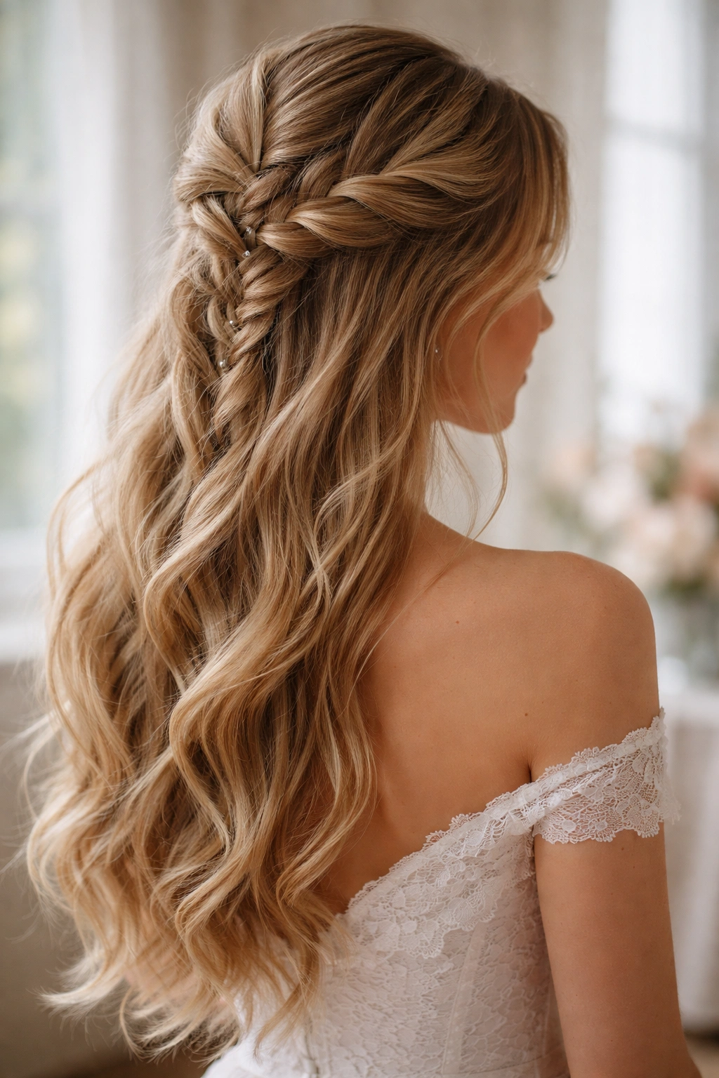 Loose, romantic French braid half-up with undone texture