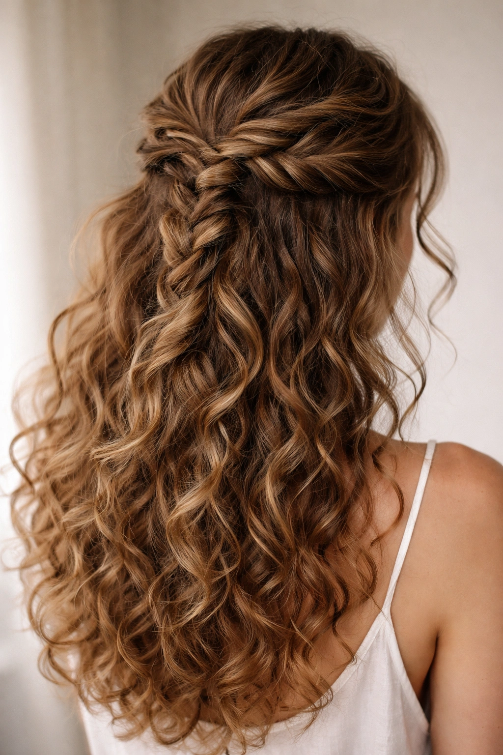 Relaxed loose French braid half up with curly texture and escaping strands