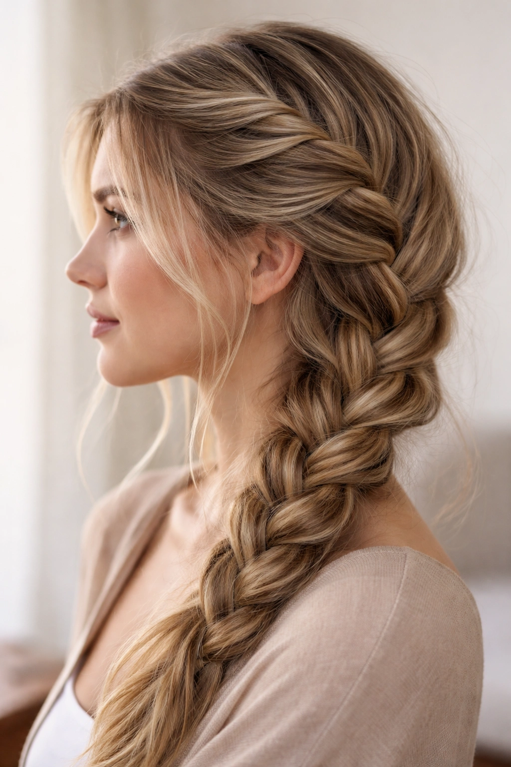 Close-up of a loose side French braid starting at the temple on a woman's head