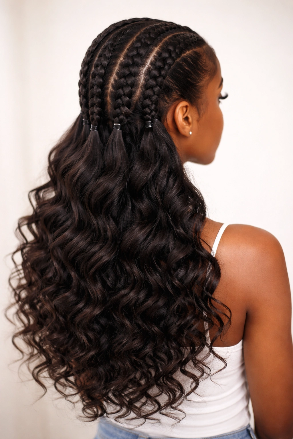 Close-up of three braids ending in loose curls forming a texture transition
