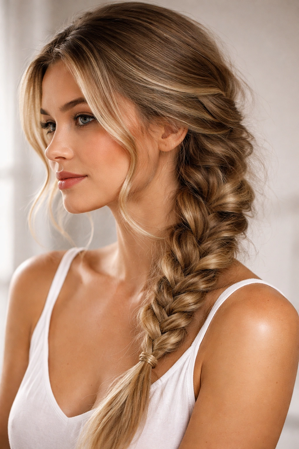 Loose textured braid with natural waves and shine from smoothing serum