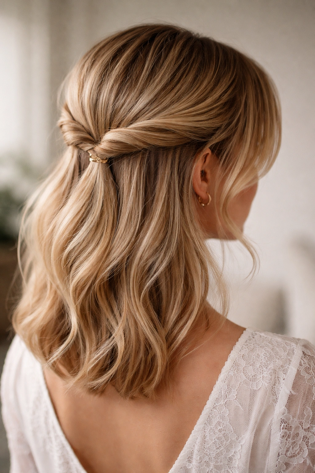 Close-up of a head with two loose twists pulled back into a gentle half-up hairstyle on fine hair