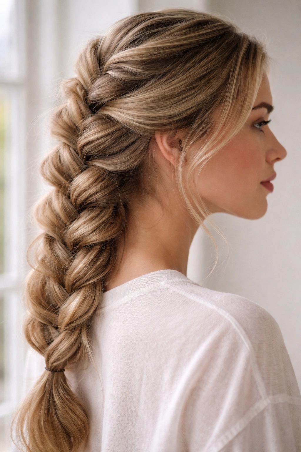 Profile view of a loose, voluminous French braid with crown lift.