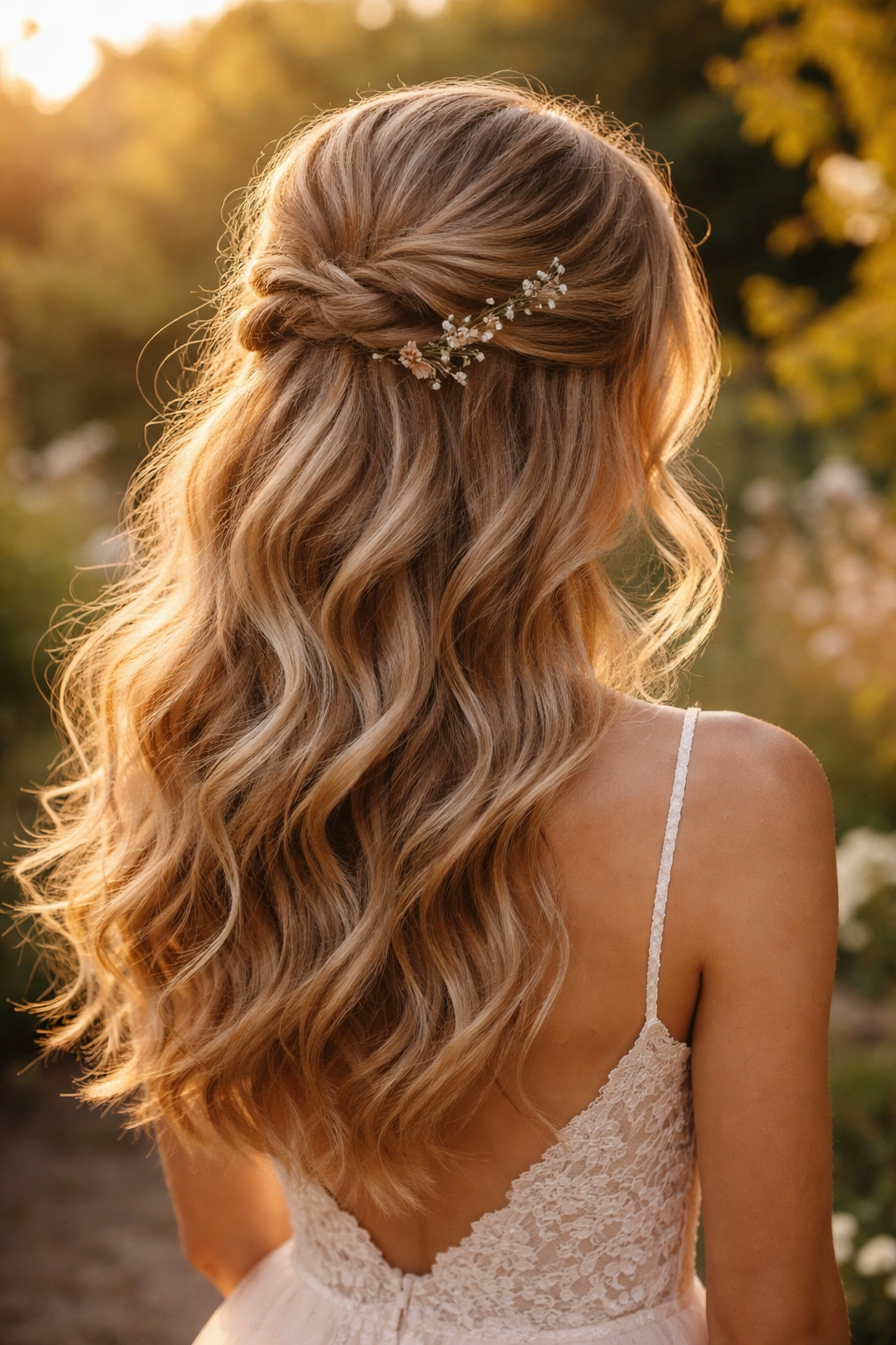 Loose-wave half-up hairstyle with textured crown and flowing waves
