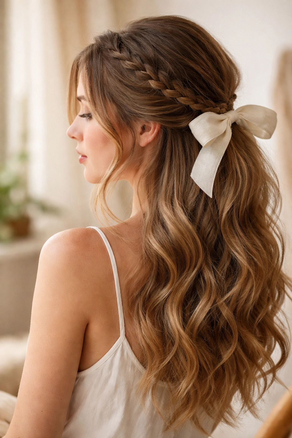 Loose Waves With Braided Accent and Fabric Bow showing relaxed texture and bow