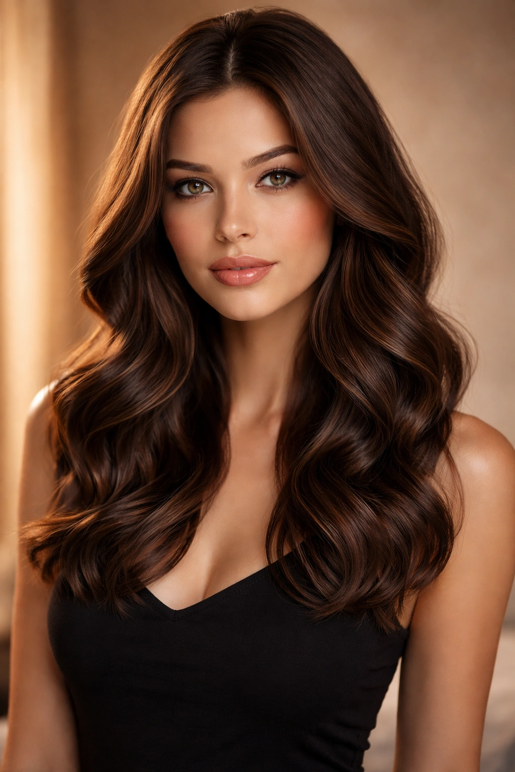 Brunette hair with soft, loose waves for an effortless look.