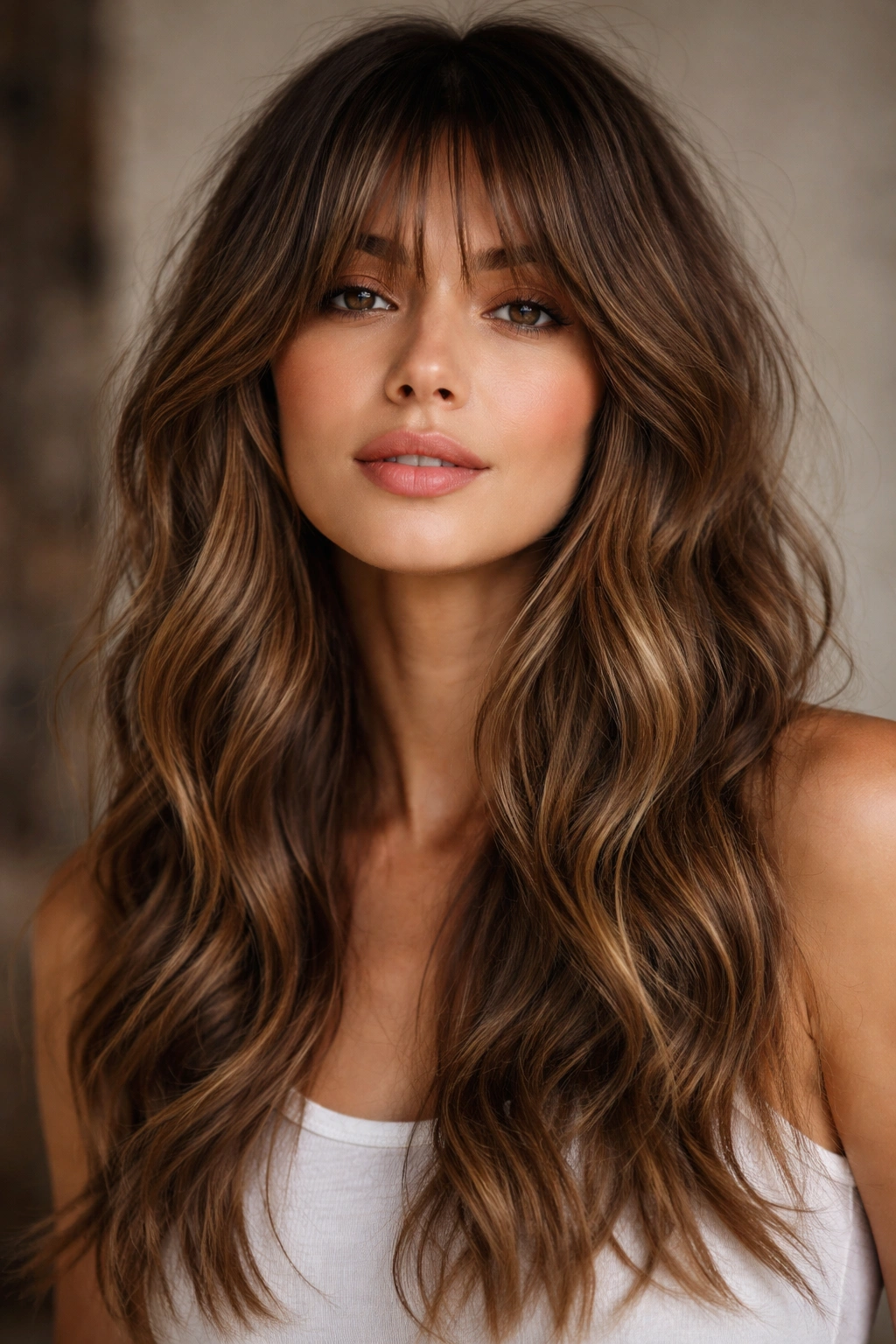 Loose waves with choppy curtain bangs adding texture and edge.