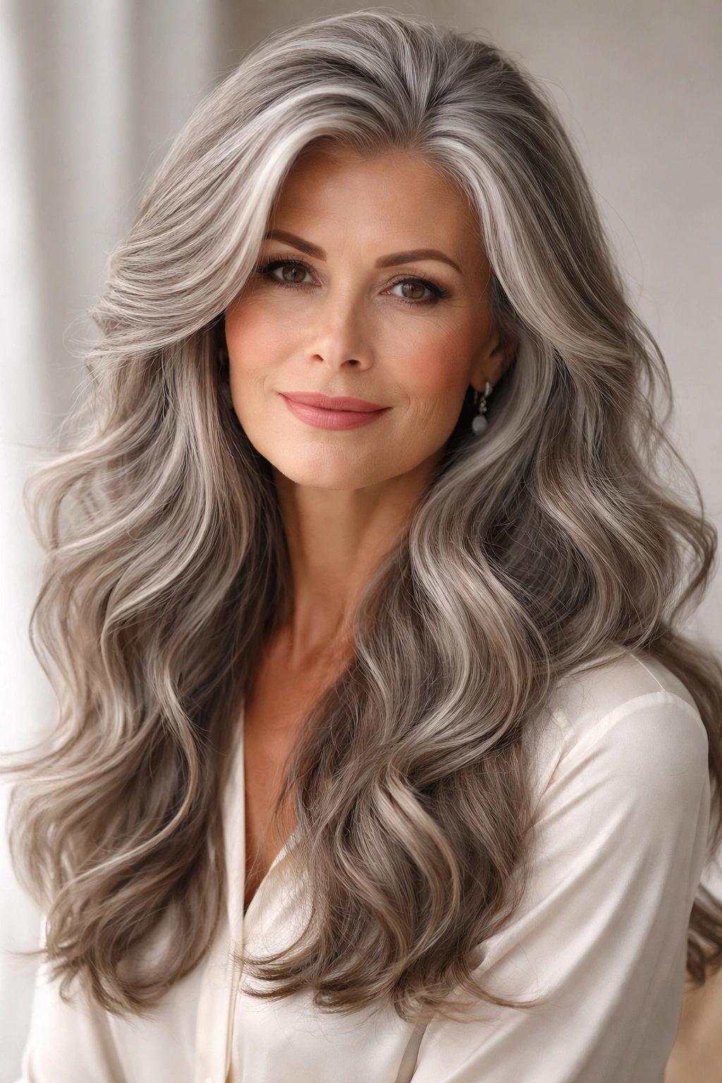 Long gray hair with crown-volume and loose waves