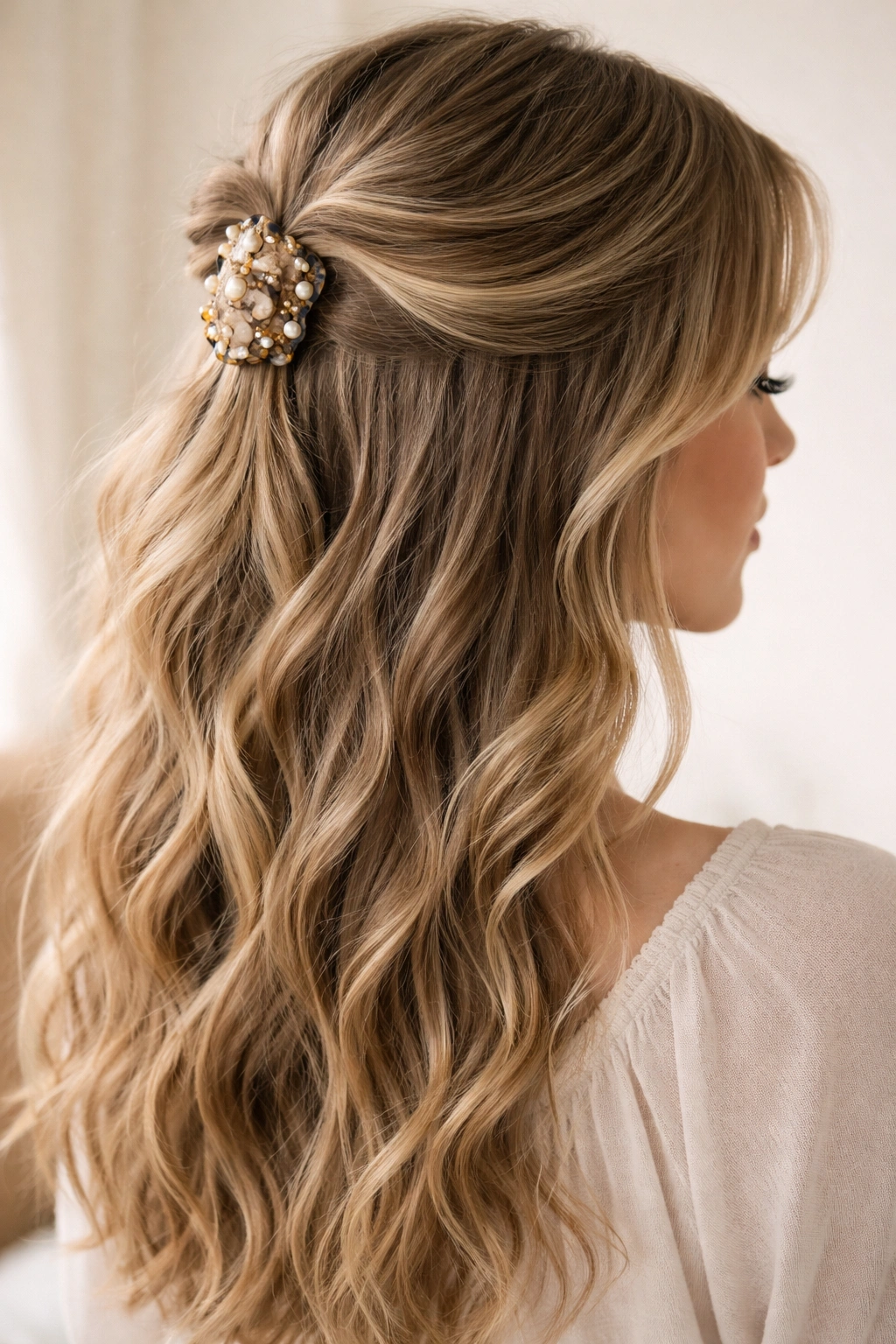 Loose waves half-up hairstyle secured with a claw clip