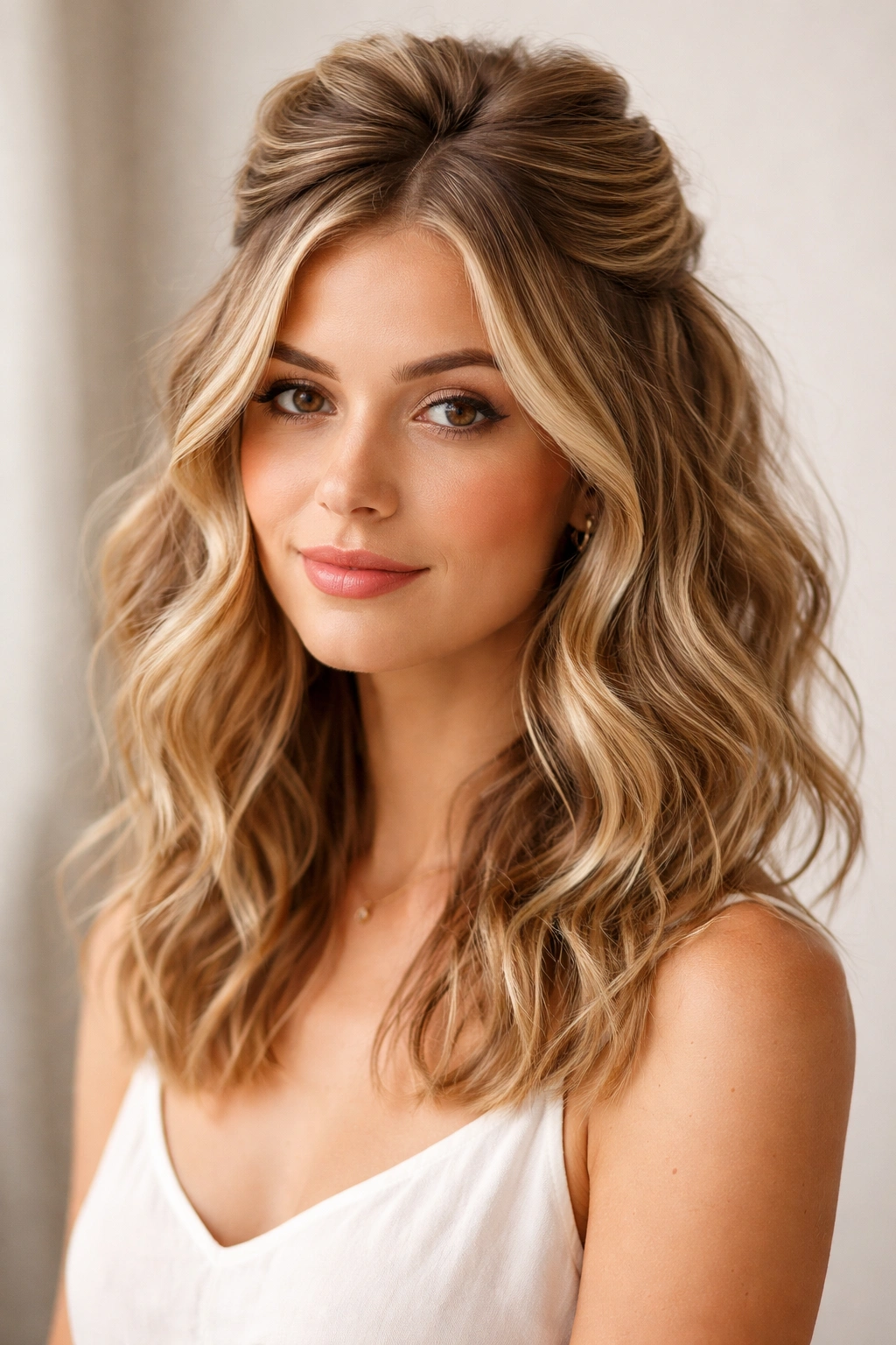 Close-up of a head with wavy hair in a loose half-up style