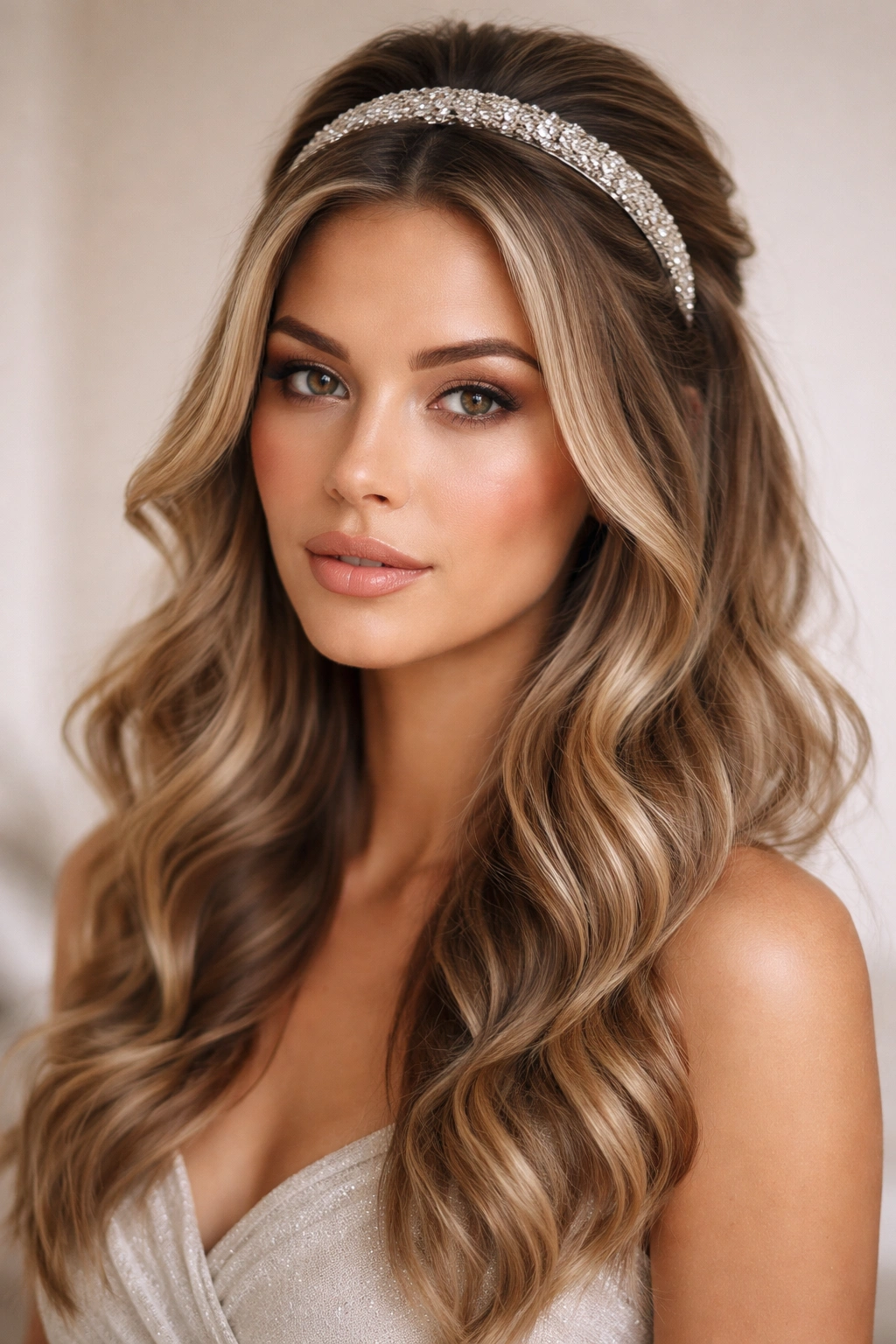 Wig with loose waves and a metallic headband in a studio