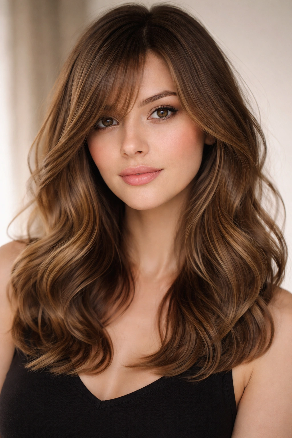Romantic loose waves with long side bangs framing the face