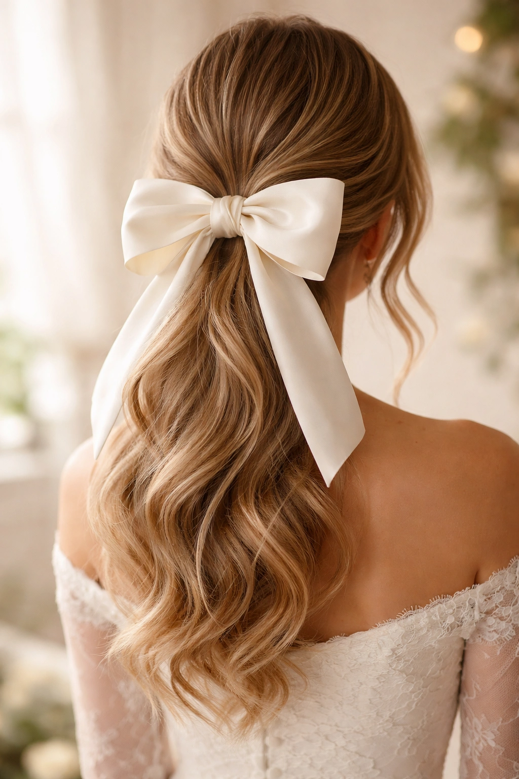 Back view of loose waves into a low ponytail with an oversized bow