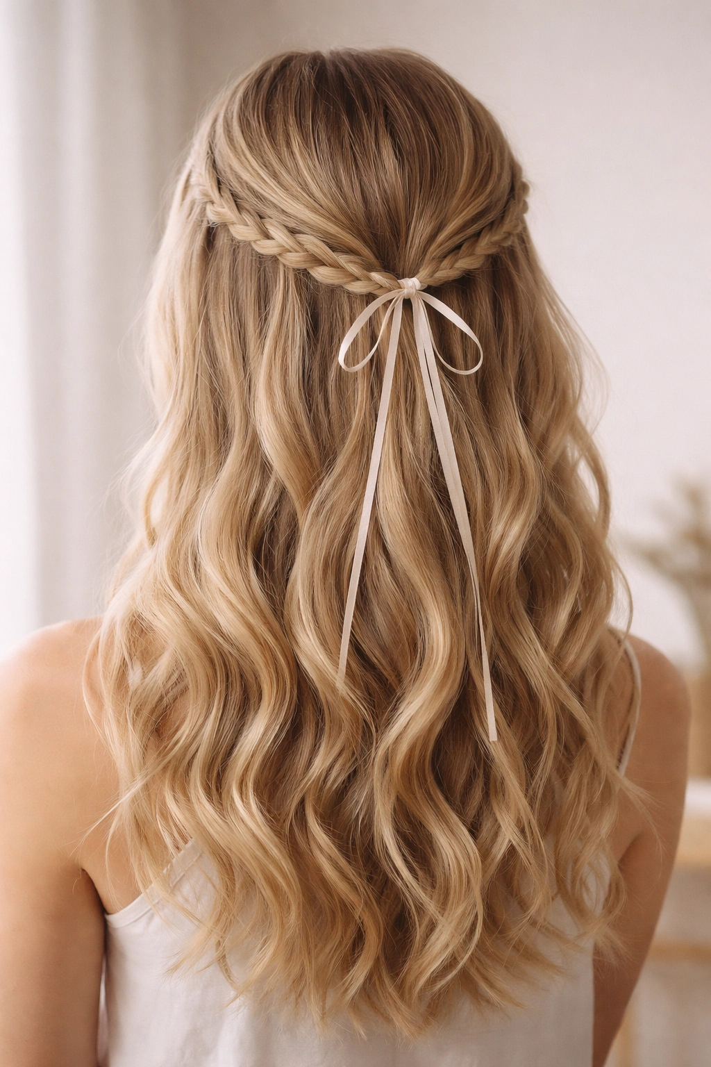 Loose waves with a thin ribbon braid accent weaving through half-up hair