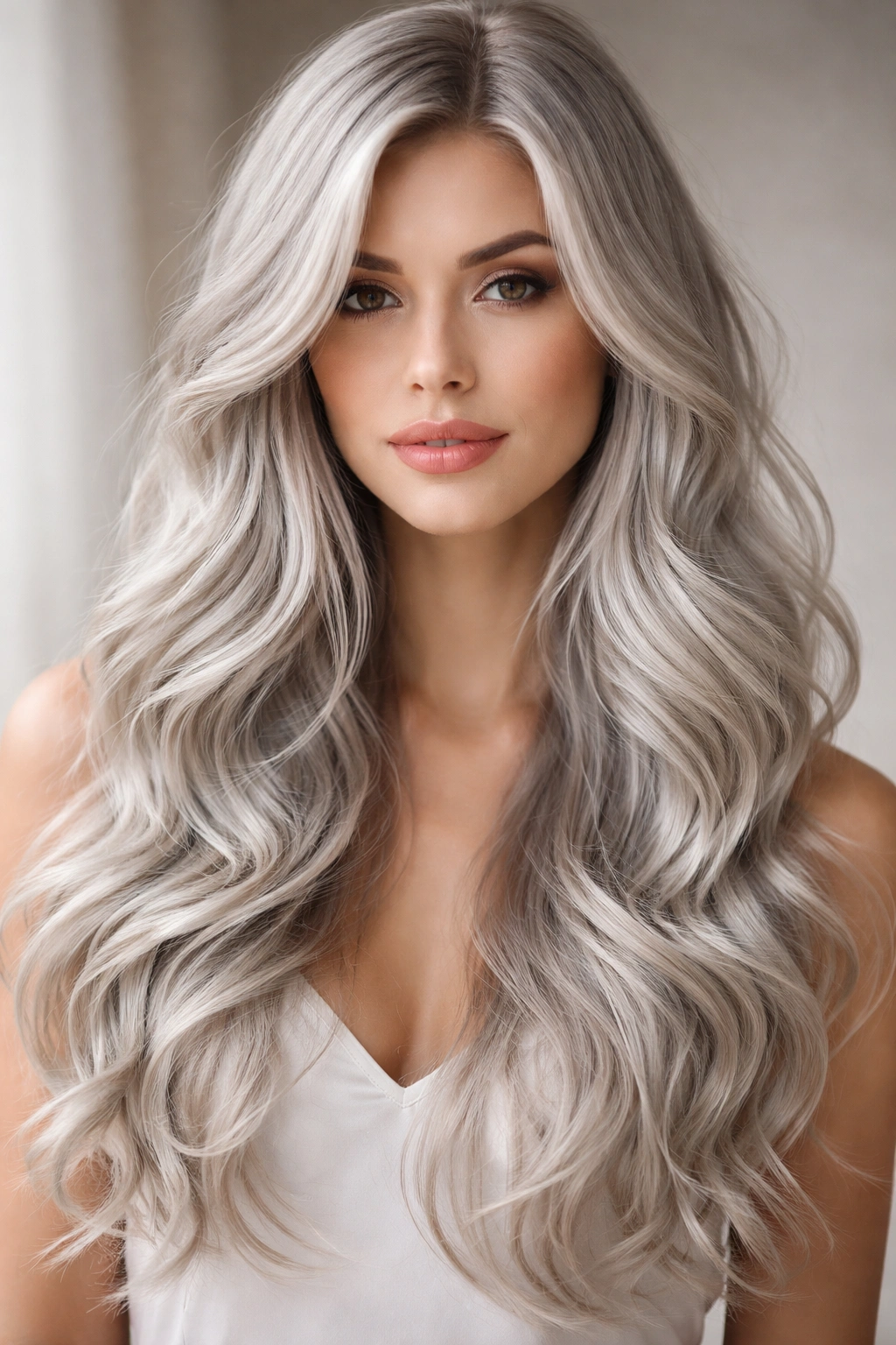 Close-up side view of long silver hair with loose waves and face-framing layers.