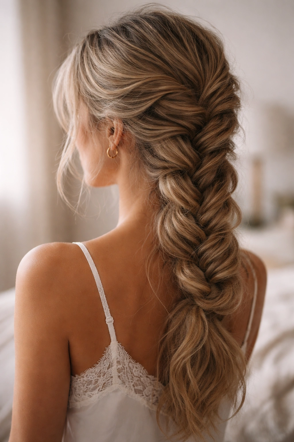 Close-up of Loosened Textured French Braid with intentional looseness along the braid for effortless elegance