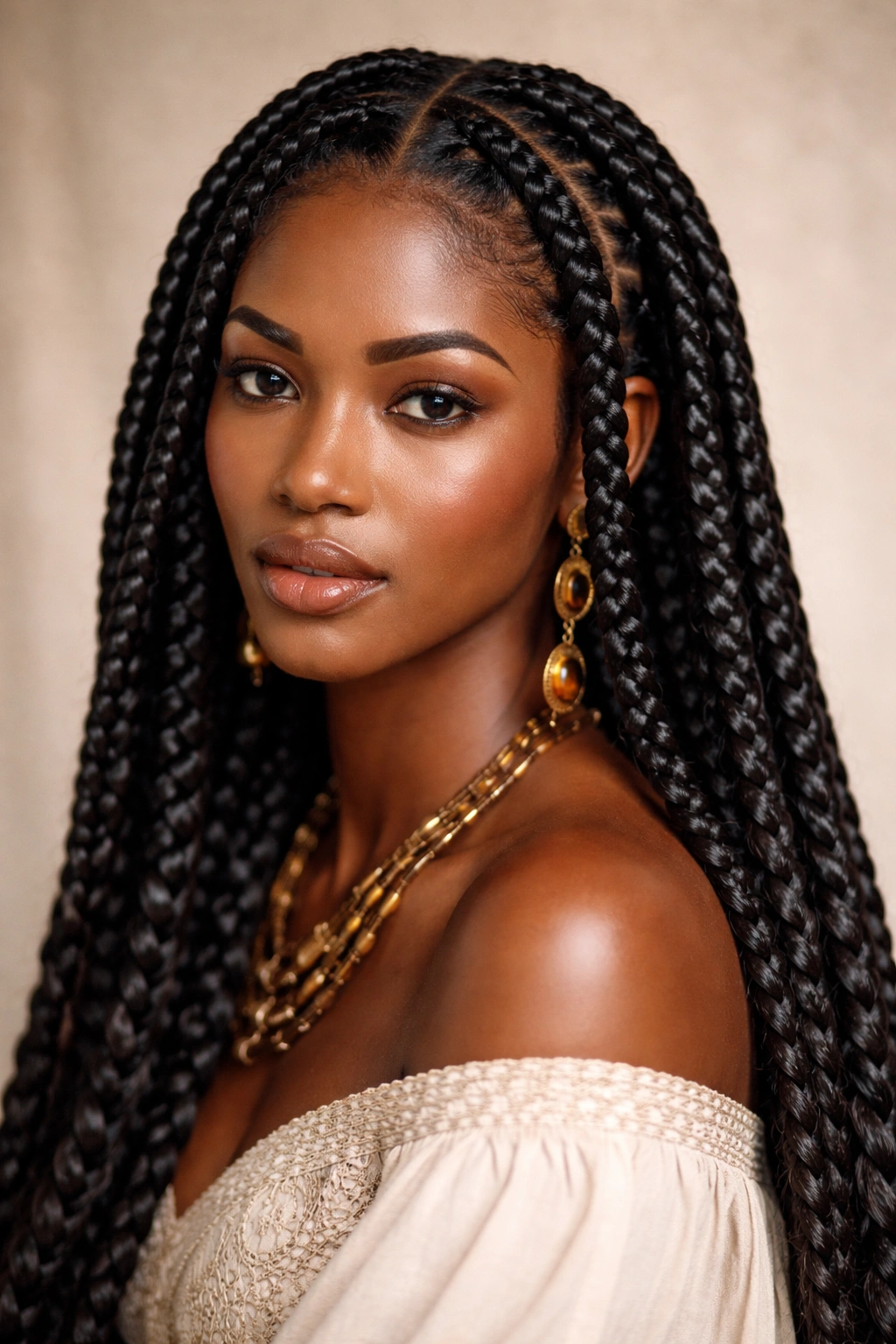 Close-up of a woman with The Lopo Hairstyle featuring thick glossy braids framing the face and flowing down the back