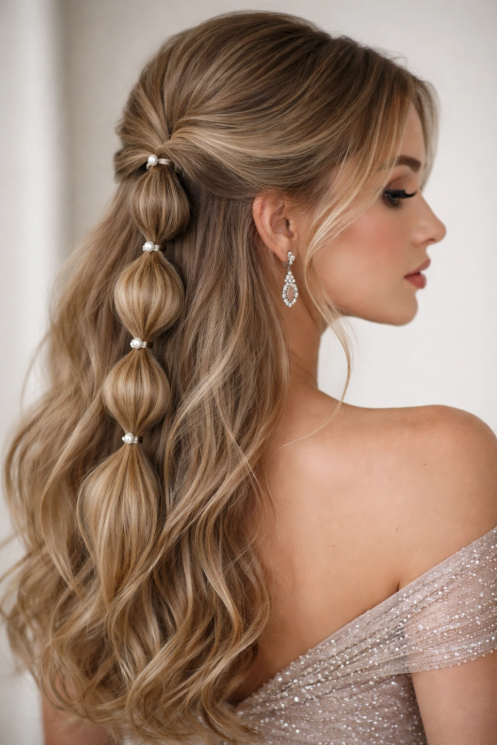 Low bubble braid half-up with pearl pins securing each bubble
