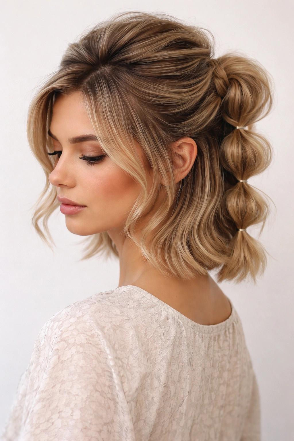 Low bubble braid with teased top section and bubble braid beneath on short hair